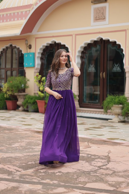 Radiant Faux Georgette Zari Sequins Worked Designer Gown - INDIAN ELEGANCE