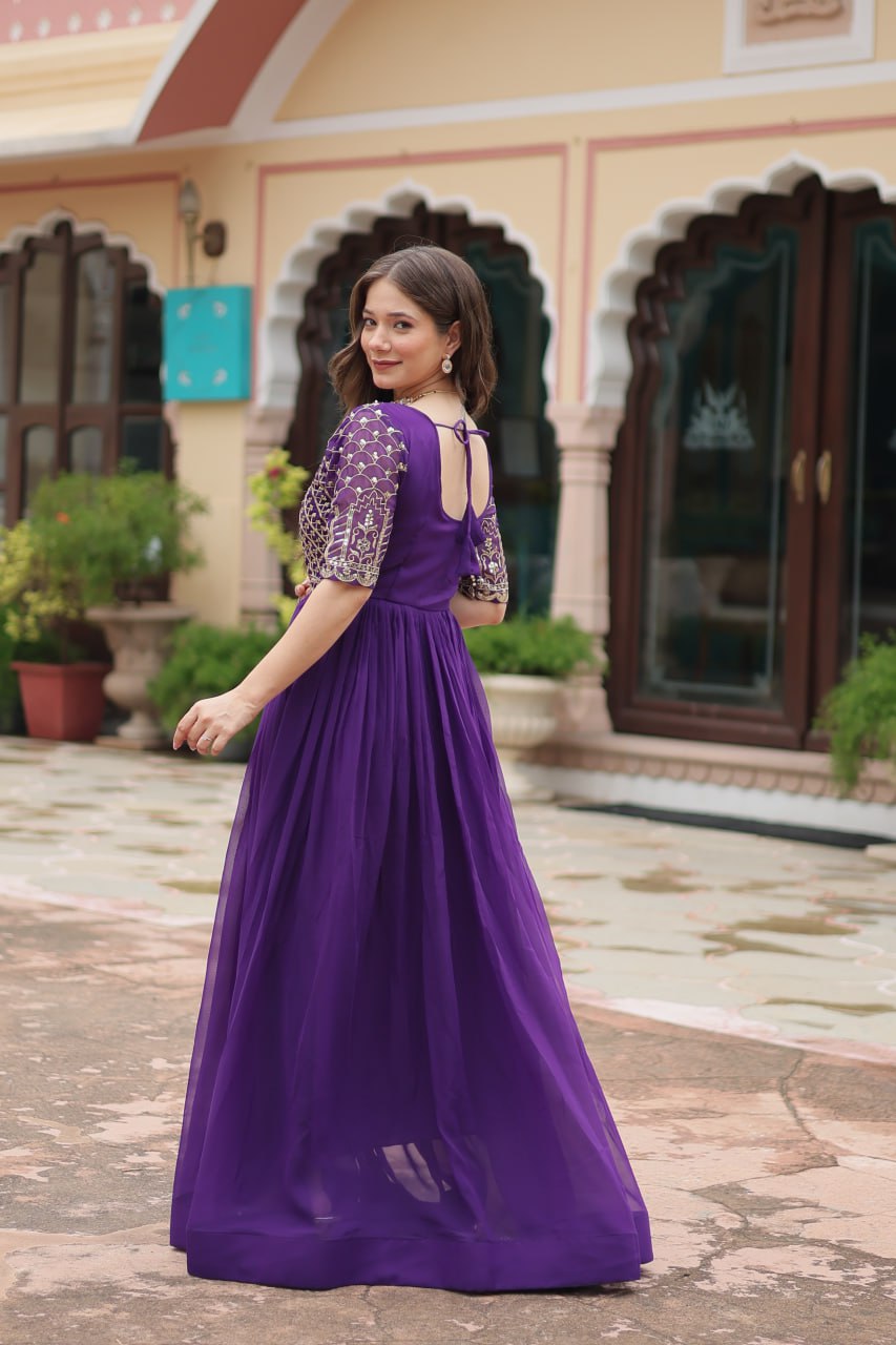 Radiant Faux Georgette Zari Sequins Worked Designer Gown - INDIAN ELEGANCE