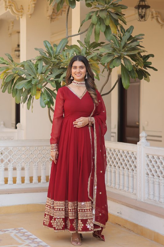Graceful Faux Georgette Sequins Multi Worked Designer Gown - INDIAN ELEGANCE