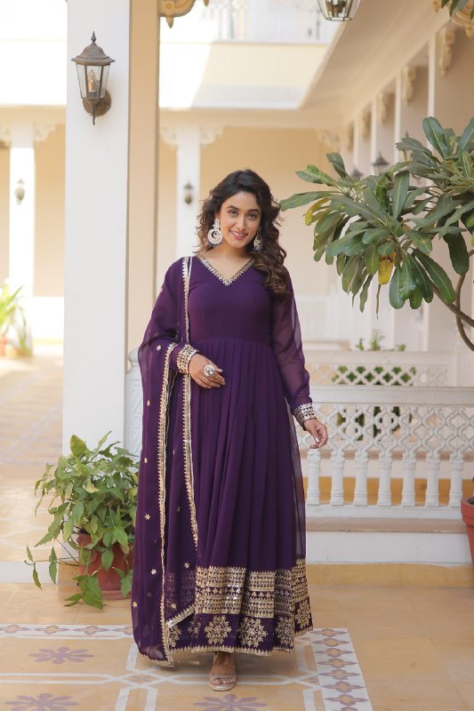 Graceful Faux Georgette Sequins Multi Worked Designer Gown - INDIAN ELEGANCE