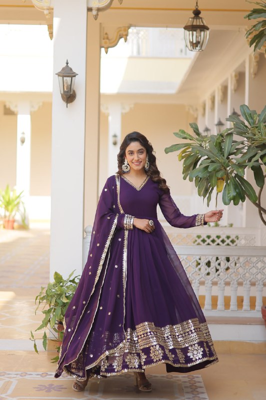 Graceful Faux Georgette Sequins Multi Worked Designer Gown - INDIAN ELEGANCE