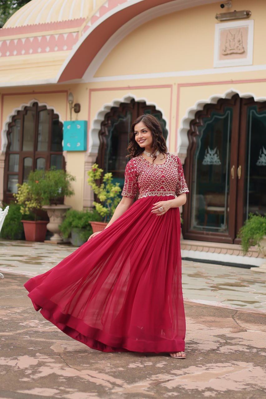 Radiant Faux Georgette Zari Sequins Worked Designer Gown - INDIAN ELEGANCE