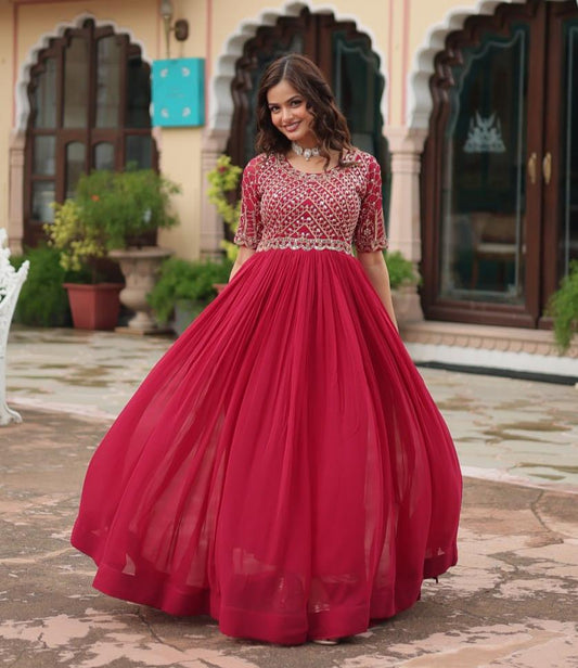 Radiant Faux Georgette Zari Sequins Worked Designer Gown - INDIAN ELEGANCE