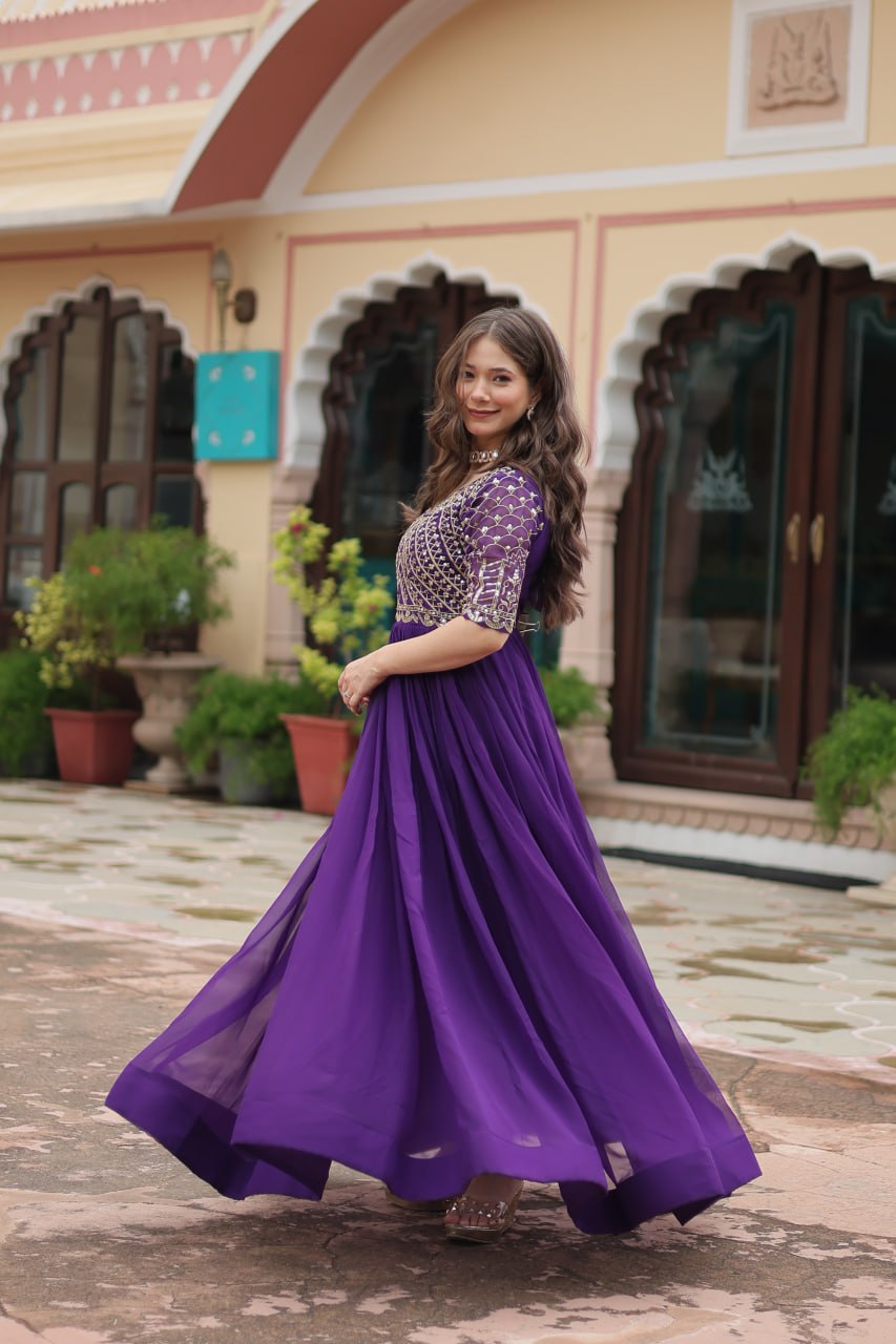 Radiant Faux Georgette Zari Sequins Worked Designer Gown - INDIAN ELEGANCE