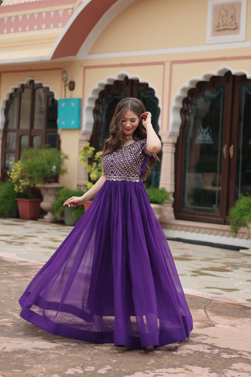 Radiant Faux Georgette Zari Sequins Worked Designer Gown - INDIAN ELEGANCE