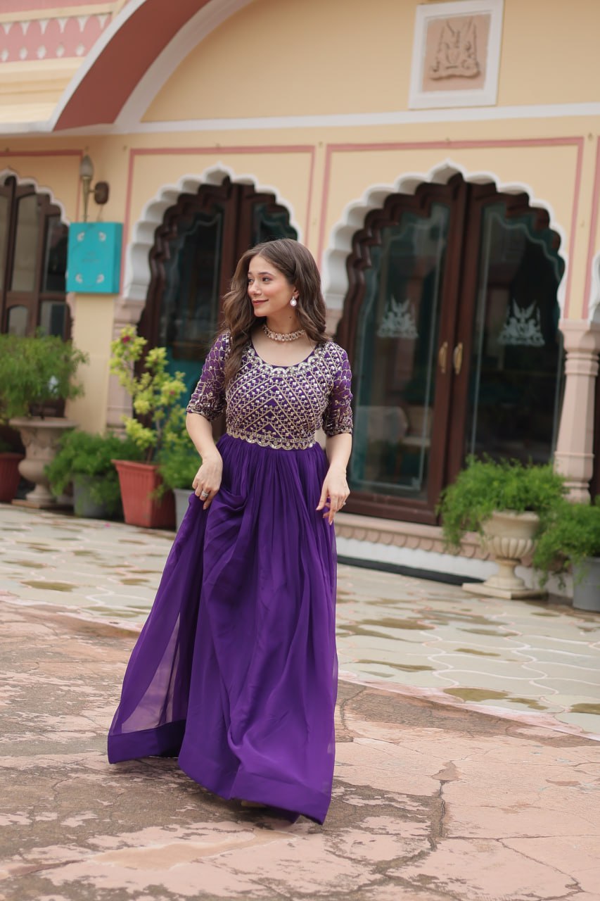 Radiant Faux Georgette Zari Sequins Worked Designer Gown - INDIAN ELEGANCE