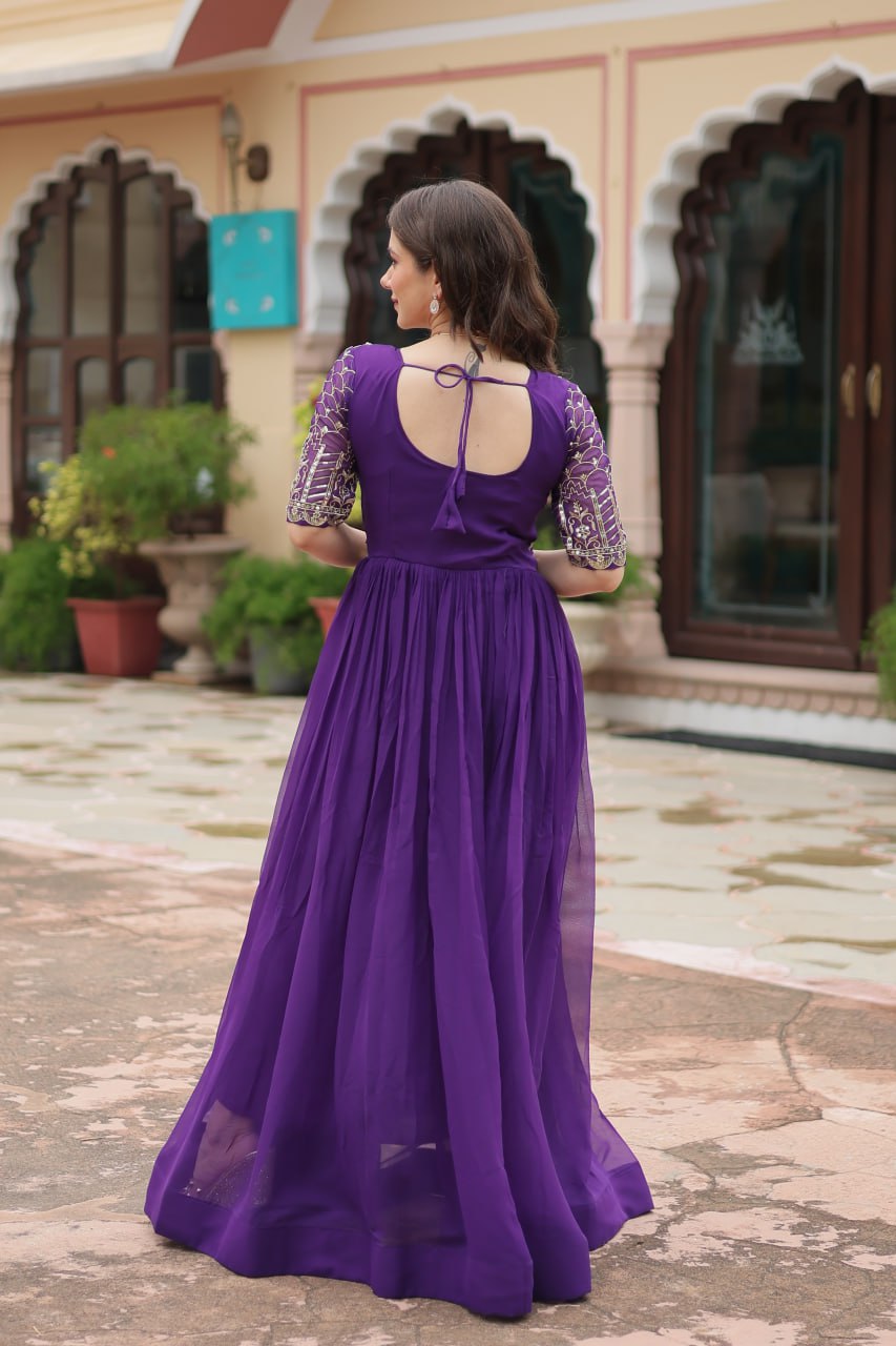 Radiant Faux Georgette Zari Sequins Worked Designer Gown - INDIAN ELEGANCE
