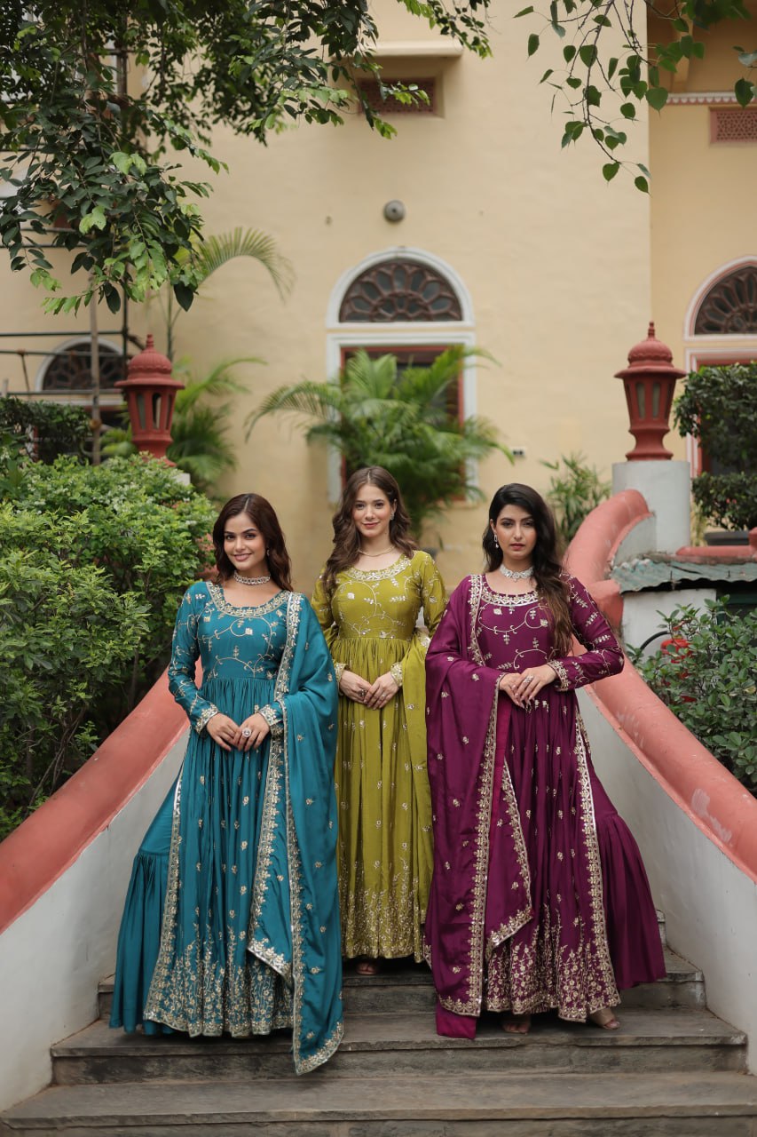 Elegant Chinon Sequins Embroidered Designer Top Sharara Suit - INDIAN ELEGANCE
