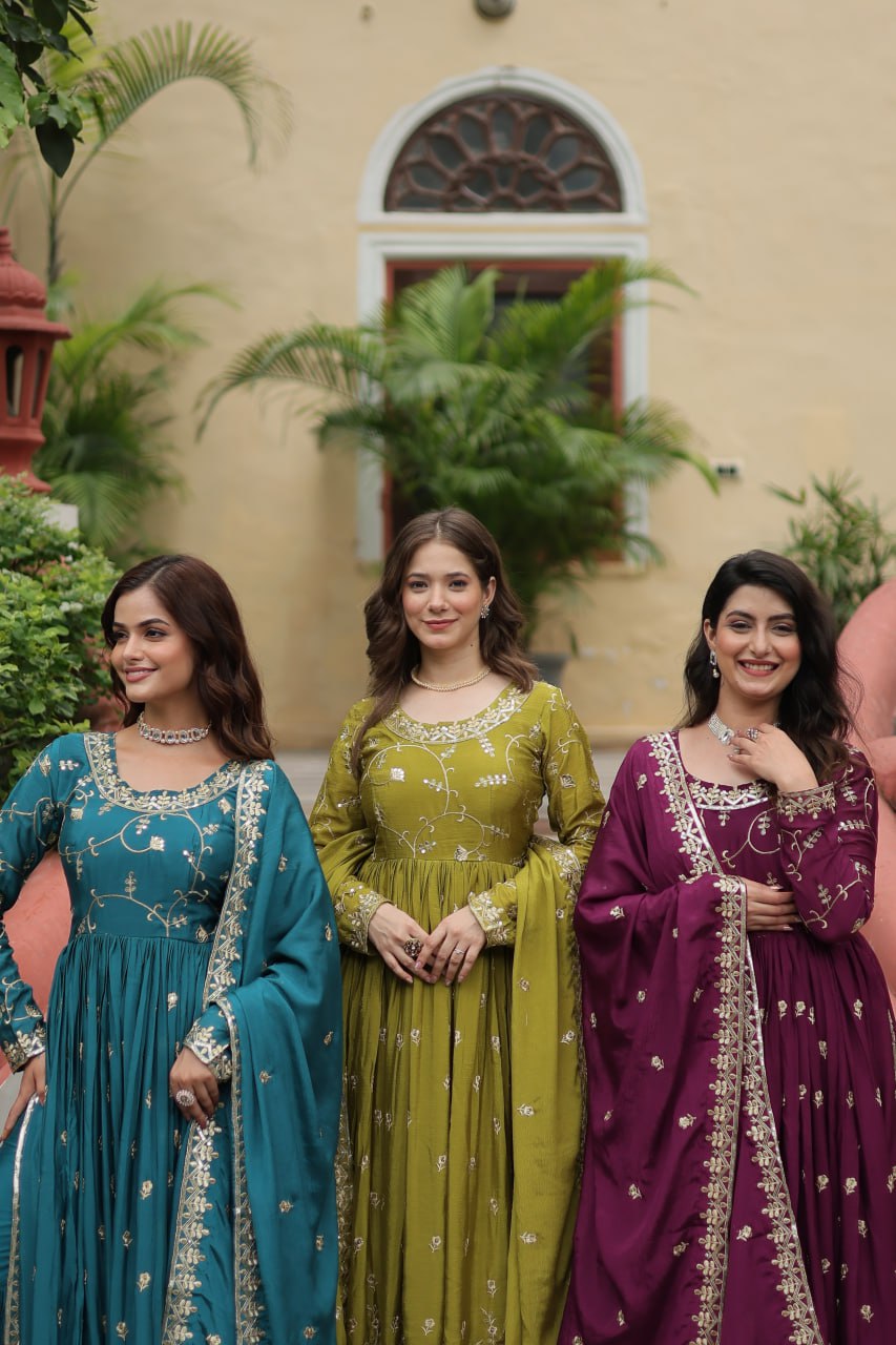 Elegant Chinon Sequins Embroidered Designer Top Sharara Suit - INDIAN ELEGANCE