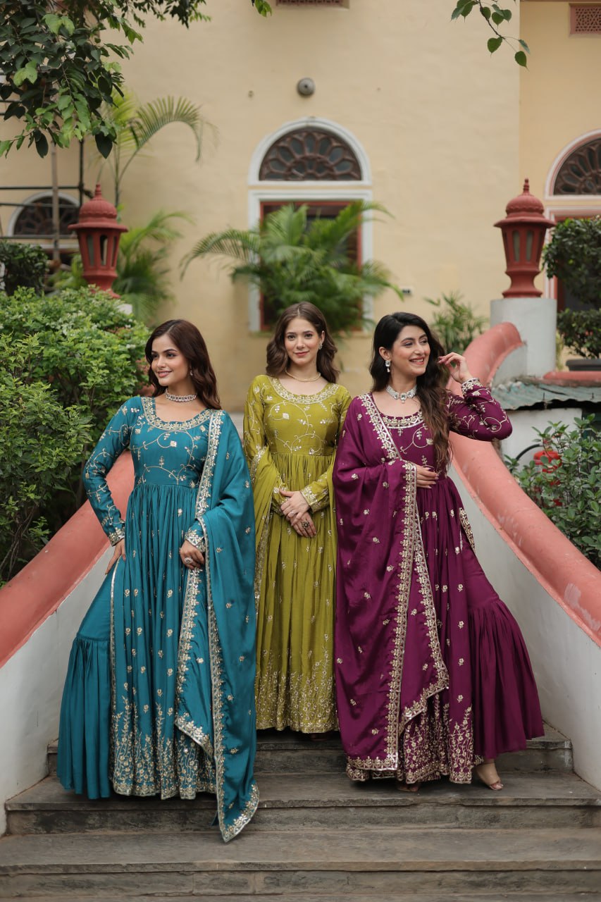 Elegant Chinon Sequins Embroidered Designer Top Sharara Suit - INDIAN ELEGANCE