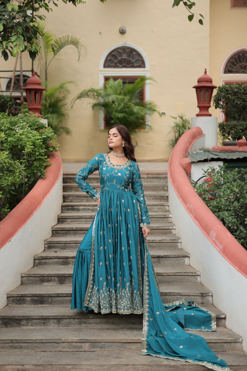 Elegant Chinon Sequins Embroidered Designer Top Sharara Suit - INDIAN ELEGANCE