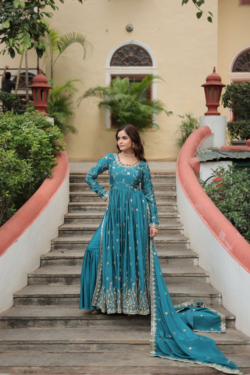 Elegant Chinon Sequins Embroidered Designer Top Sharara Suit - INDIAN ELEGANCE