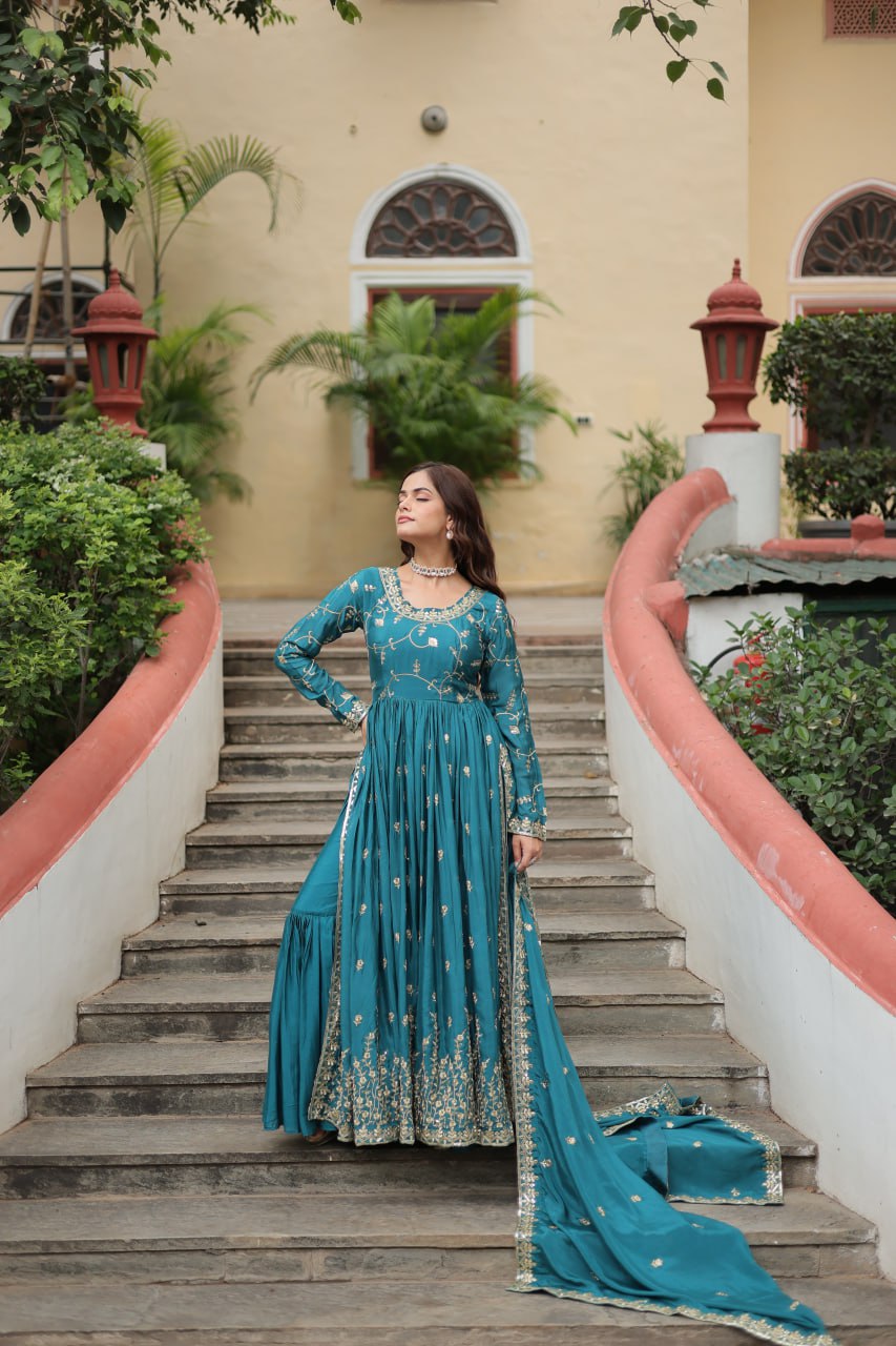 Elegant Chinon Sequins Embroidered Designer Top Sharara Suit - INDIAN ELEGANCE
