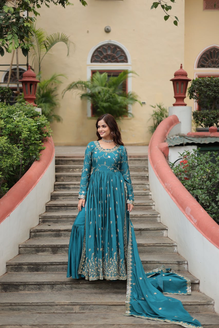Elegant Chinon Sequins Embroidered Designer Top Sharara Suit - INDIAN ELEGANCE
