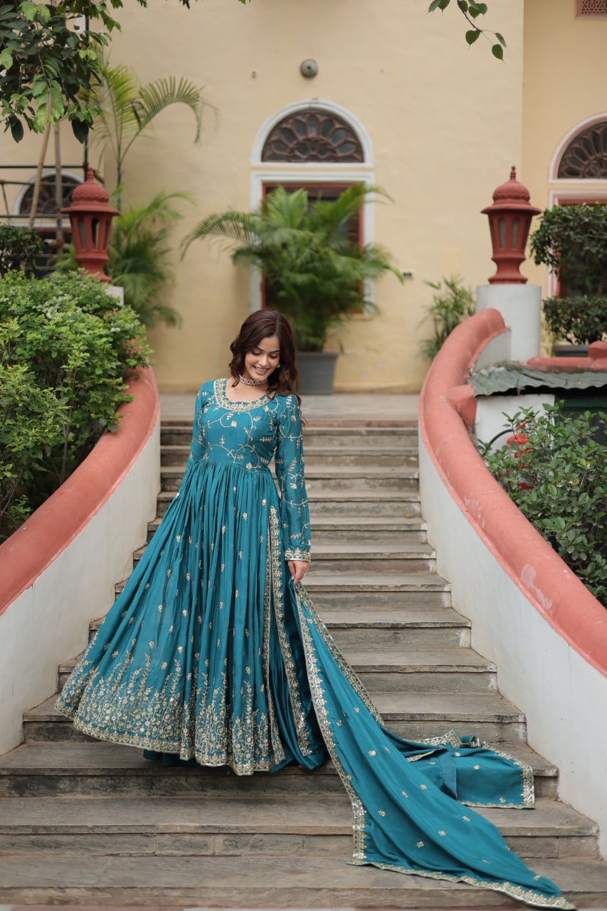 Elegant Chinon Sequins Embroidered Designer Top Sharara Suit - INDIAN ELEGANCE