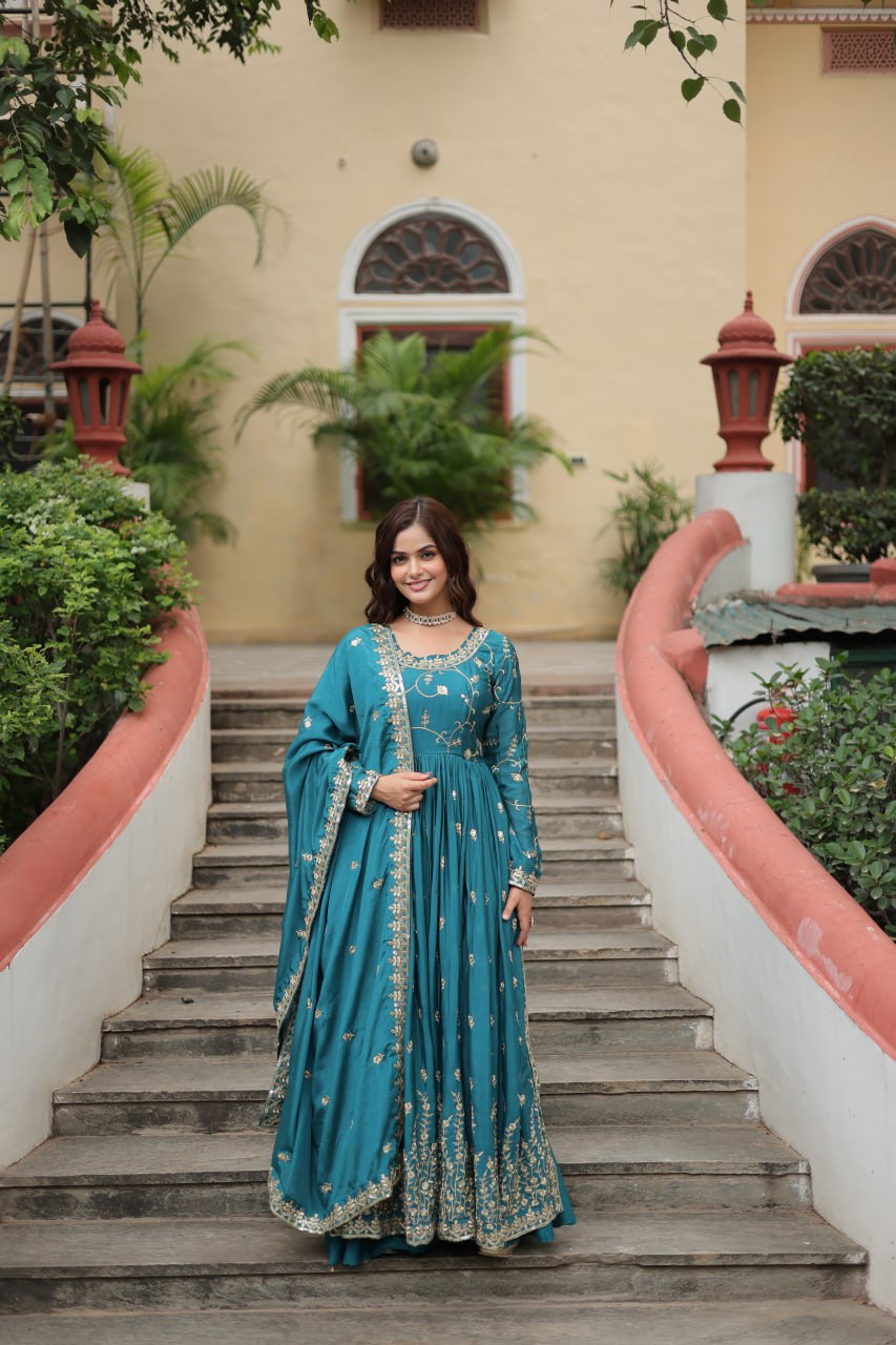 Elegant Chinon Sequins Embroidered Designer Top Sharara Suit - INDIAN ELEGANCE