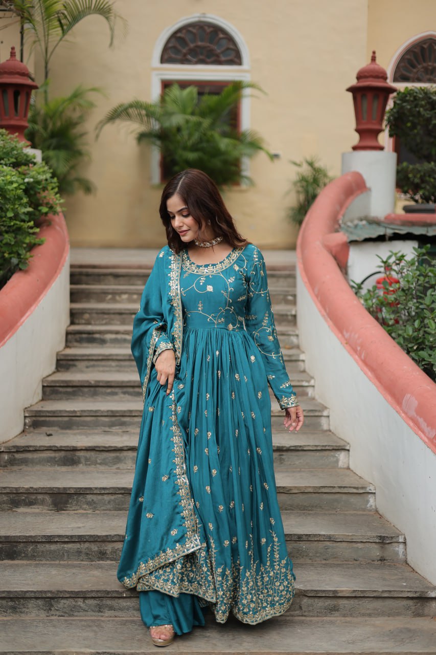 Elegant Chinon Sequins Embroidered Designer Top Sharara Suit - INDIAN ELEGANCE