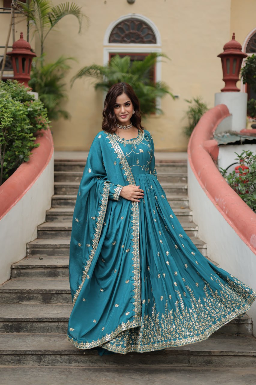 Elegant Chinon Sequins Embroidered Designer Top Sharara Suit - INDIAN ELEGANCE
