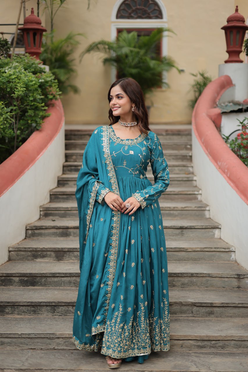Elegant Chinon Sequins Embroidered Designer Top Sharara Suit - INDIAN ELEGANCE