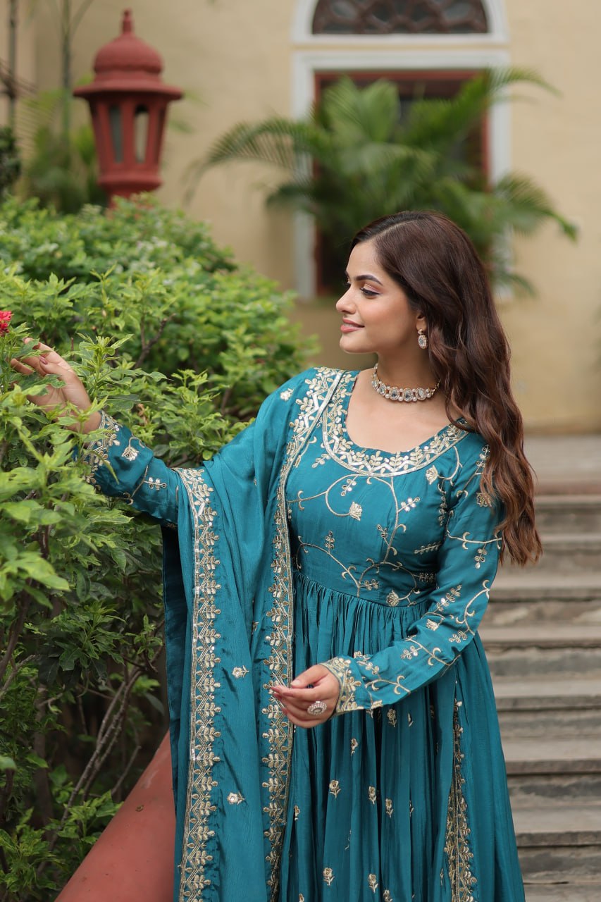 Elegant Chinon Sequins Embroidered Designer Top Sharara Suit - INDIAN ELEGANCE