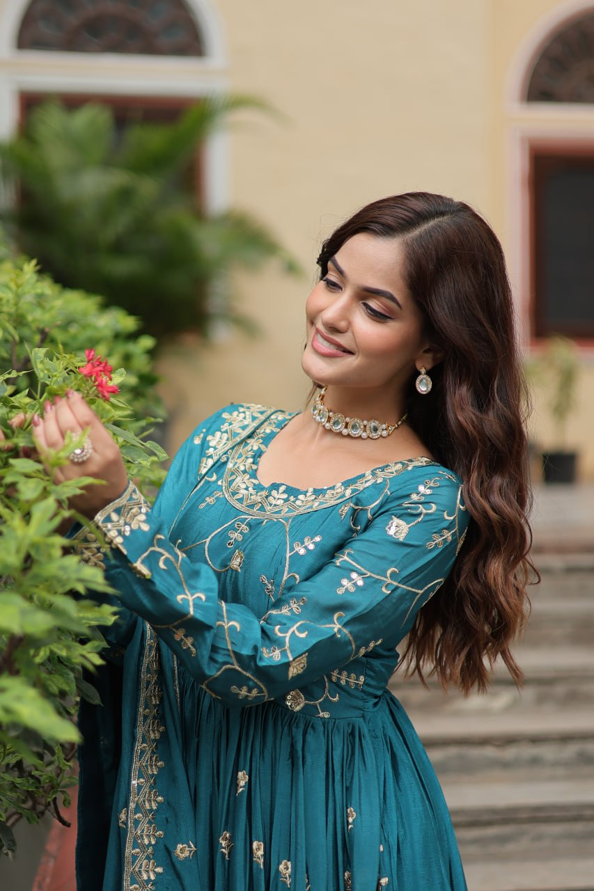 Elegant Chinon Sequins Embroidered Designer Top Sharara Suit - INDIAN ELEGANCE