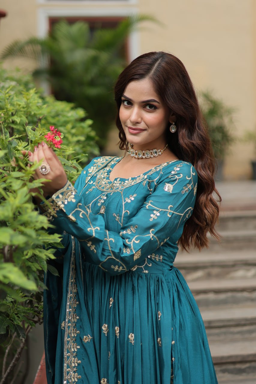 Elegant Chinon Sequins Embroidered Designer Top Sharara Suit - INDIAN ELEGANCE