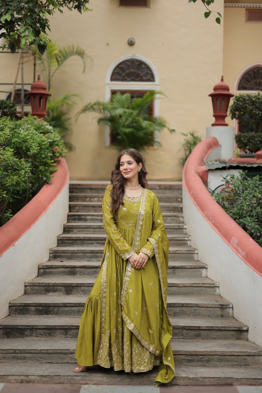 Elegant Chinon Sequins Embroidered Designer Top Sharara Suit - INDIAN ELEGANCE