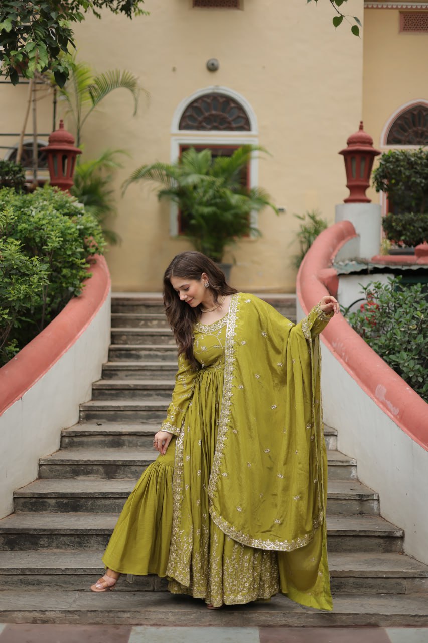 Elegant Chinon Sequins Embroidered Designer Top Sharara Suit - INDIAN ELEGANCE