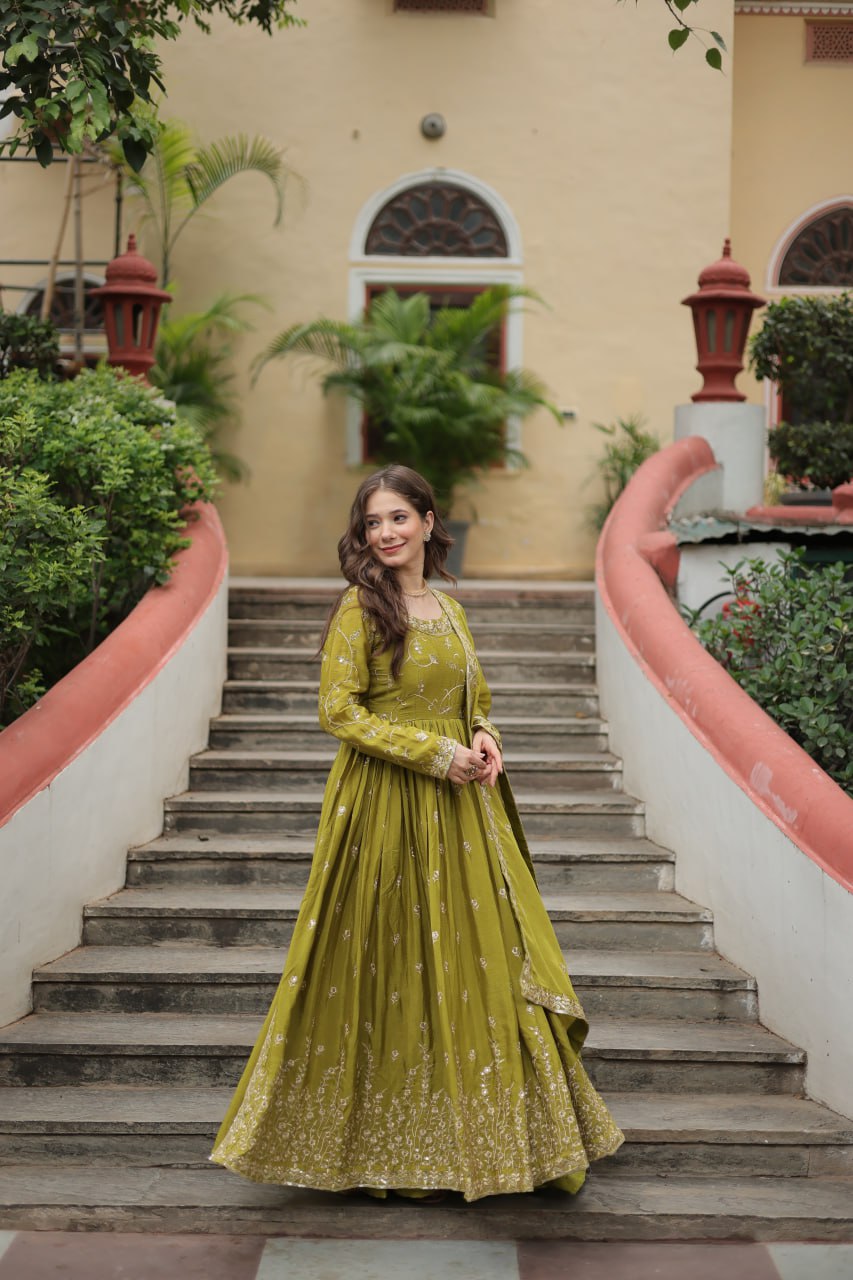 Elegant Chinon Sequins Embroidered Designer Top Sharara Suit - INDIAN ELEGANCE
