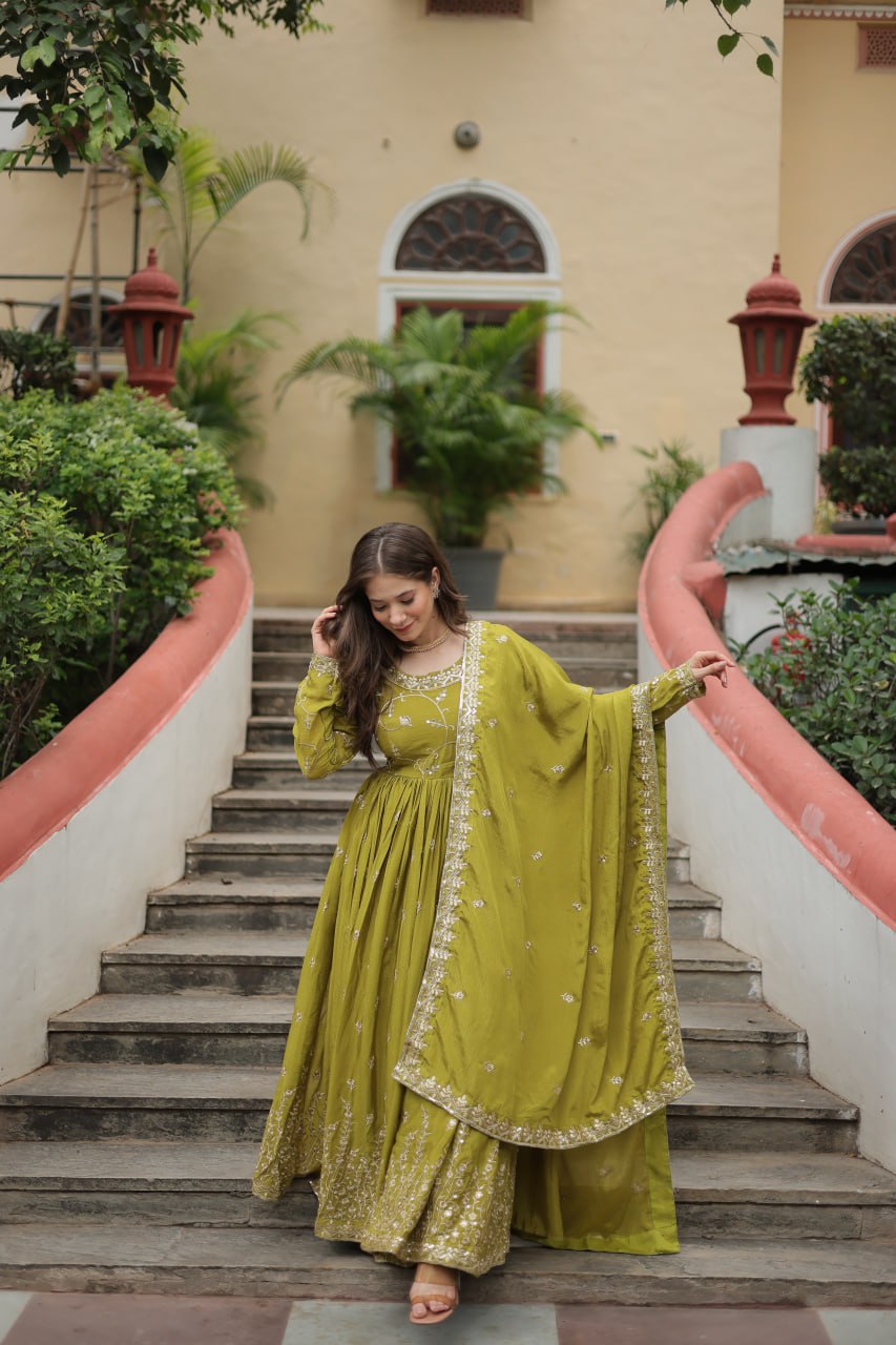 Elegant Chinon Sequins Embroidered Designer Top Sharara Suit - INDIAN ELEGANCE