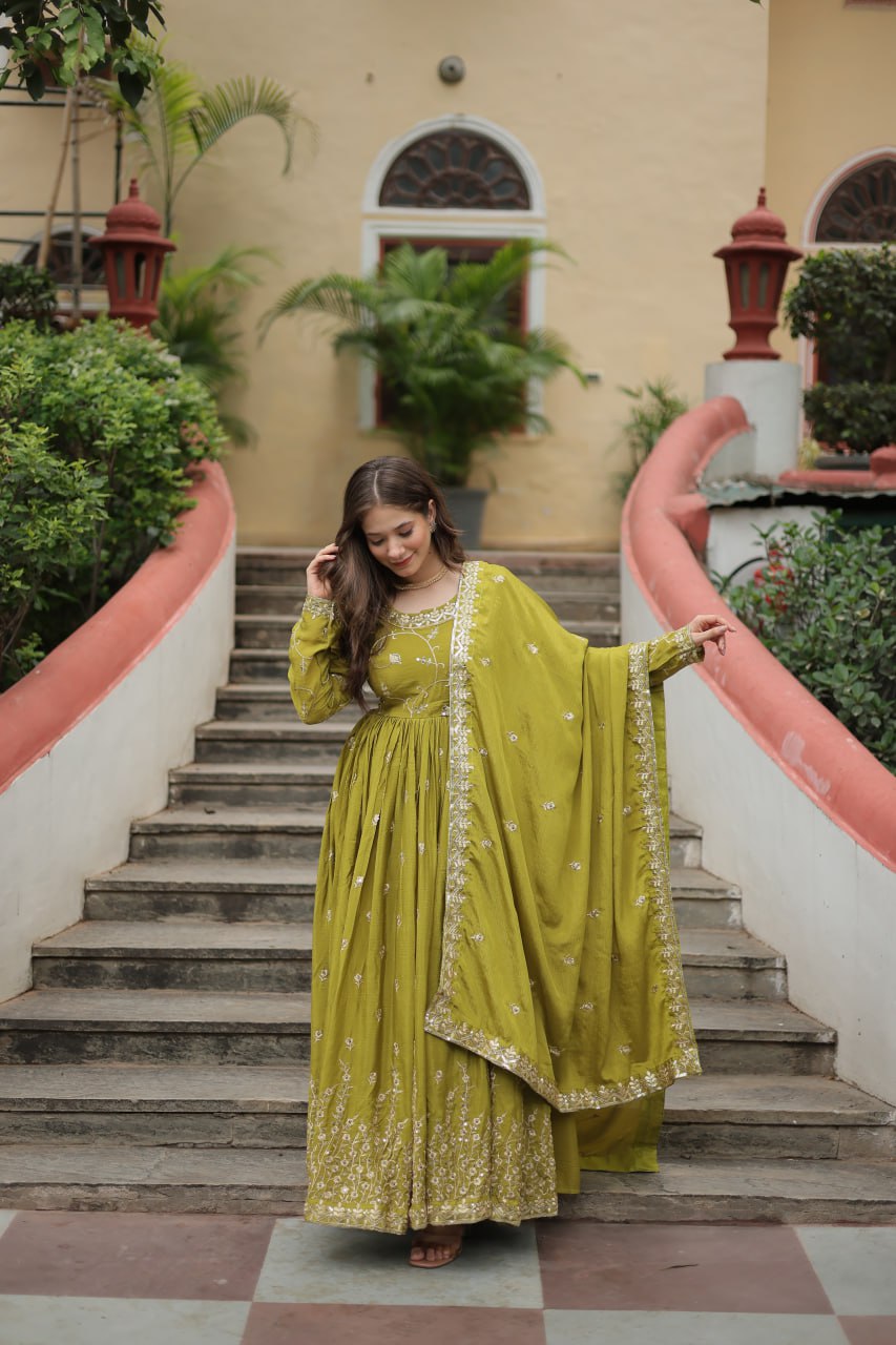 Elegant Chinon Sequins Embroidered Designer Top Sharara Suit - INDIAN ELEGANCE