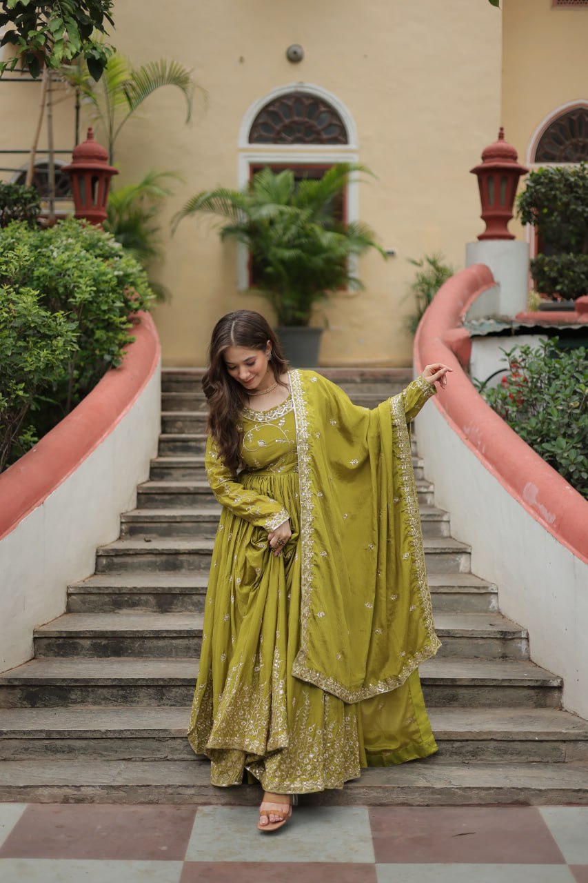 Elegant Chinon Sequins Embroidered Designer Top Sharara Suit - INDIAN ELEGANCE