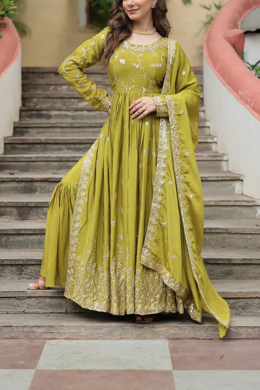 Elegant Chinon Sequins Embroidered Designer Top Sharara Suit - INDIAN ELEGANCE