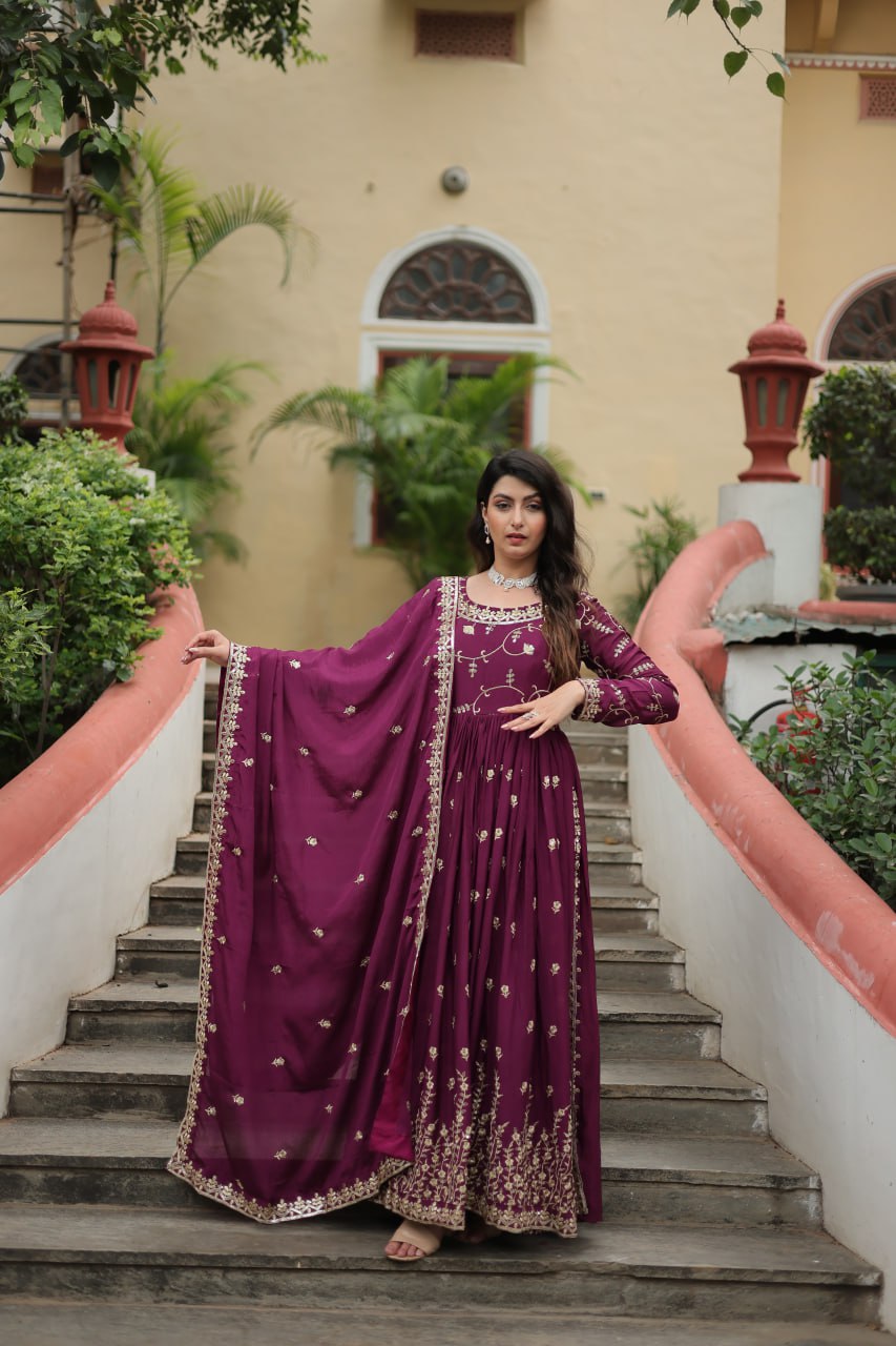 Elegant Chinon Sequins Embroidered Designer Top Sharara Suit - INDIAN ELEGANCE