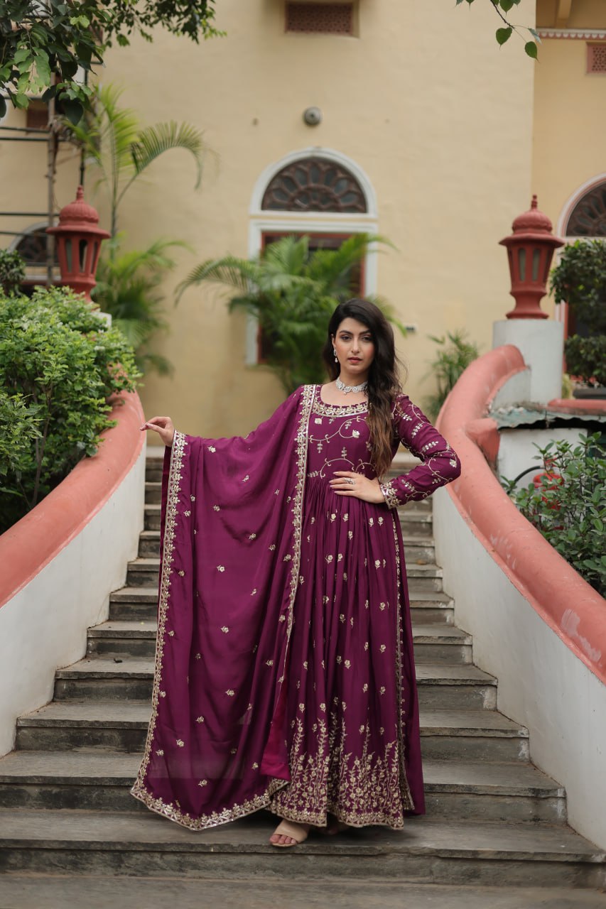 Elegant Chinon Sequins Embroidered Designer Top Sharara Suit - INDIAN ELEGANCE