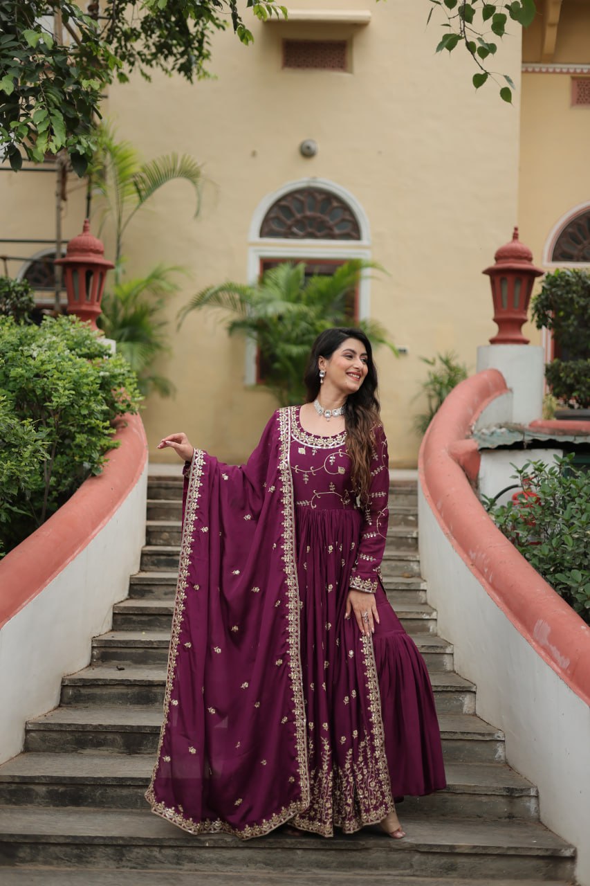 Elegant Chinon Sequins Embroidered Designer Top Sharara Suit - INDIAN ELEGANCE