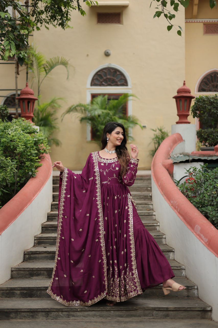 Elegant Chinon Sequins Embroidered Designer Top Sharara Suit - INDIAN ELEGANCE