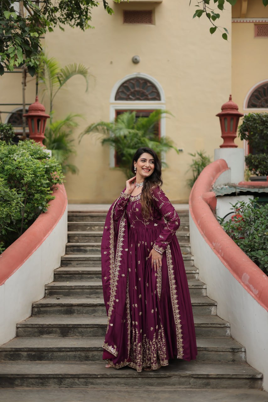 Elegant Chinon Sequins Embroidered Designer Top Sharara Suit - INDIAN ELEGANCE