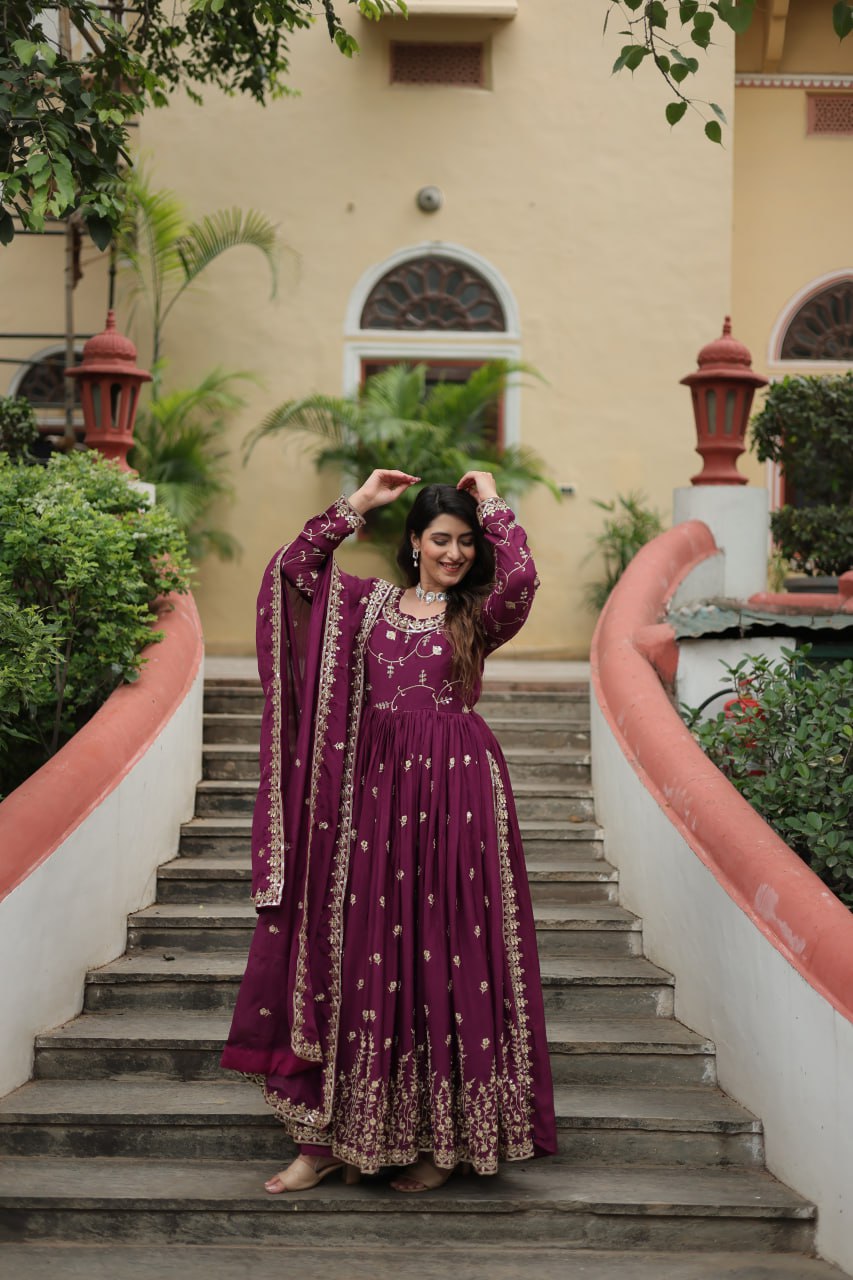 Elegant Chinon Sequins Embroidered Designer Top Sharara Suit - INDIAN ELEGANCE