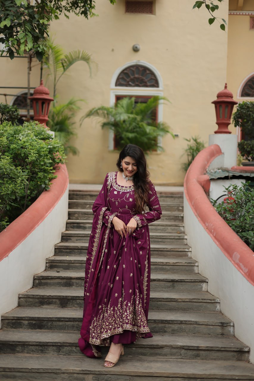 Elegant Chinon Sequins Embroidered Designer Top Sharara Suit - INDIAN ELEGANCE