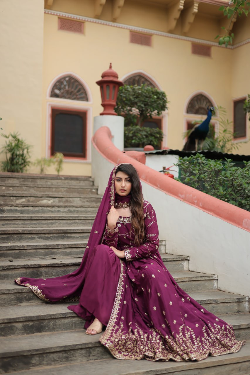 Elegant Chinon Sequins Embroidered Designer Top Sharara Suit - INDIAN ELEGANCE