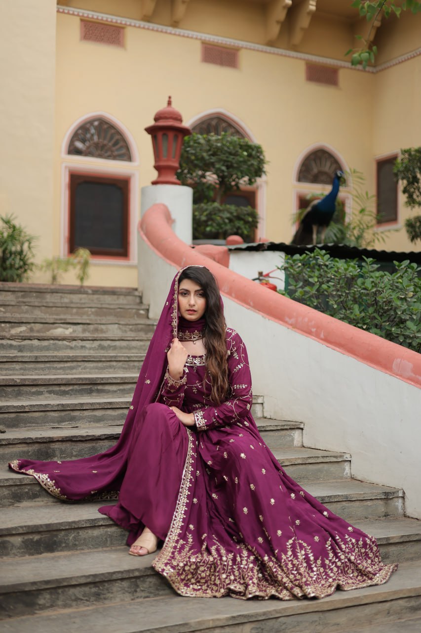 Elegant Chinon Sequins Embroidered Designer Top Sharara Suit - INDIAN ELEGANCE