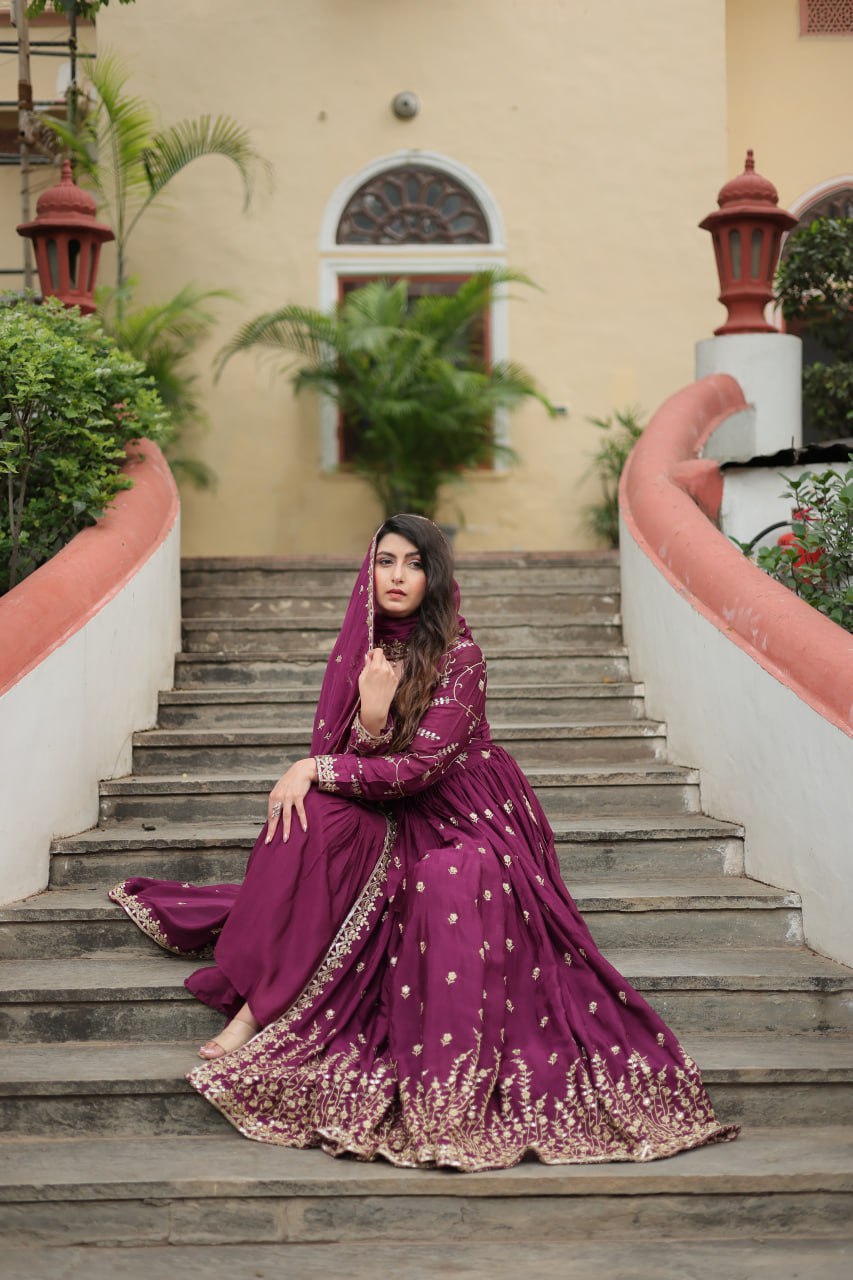 Elegant Chinon Sequins Embroidered Designer Top Sharara Suit - INDIAN ELEGANCE