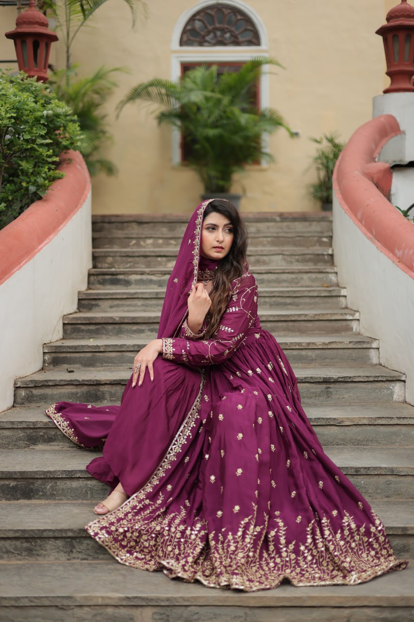 Elegant Chinon Sequins Embroidered Designer Top Sharara Suit - INDIAN ELEGANCE