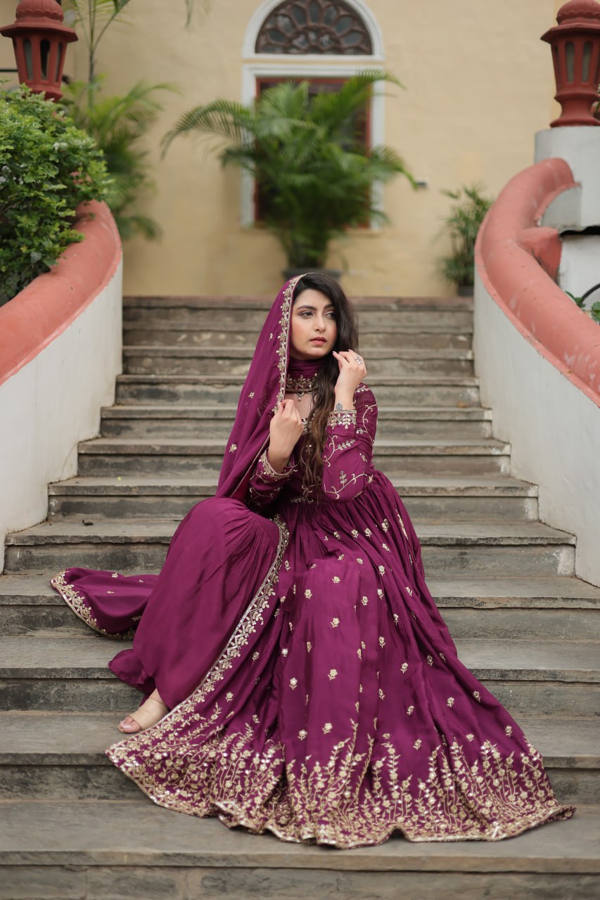 Elegant Chinon Sequins Embroidered Designer Top Sharara Suit - INDIAN ELEGANCE