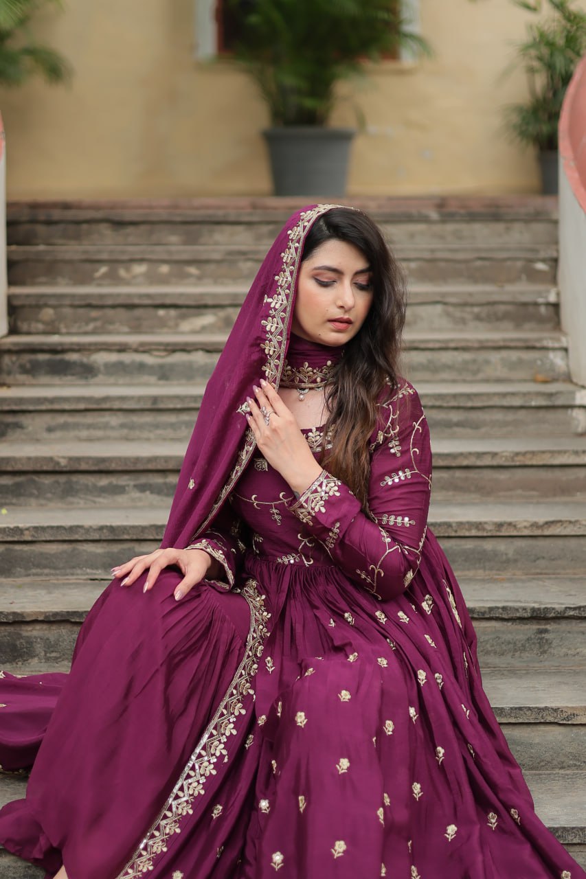 Elegant Chinon Sequins Embroidered Designer Top Sharara Suit - INDIAN ELEGANCE