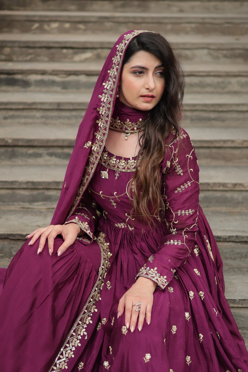 Elegant Chinon Sequins Embroidered Designer Top Sharara Suit - INDIAN ELEGANCE