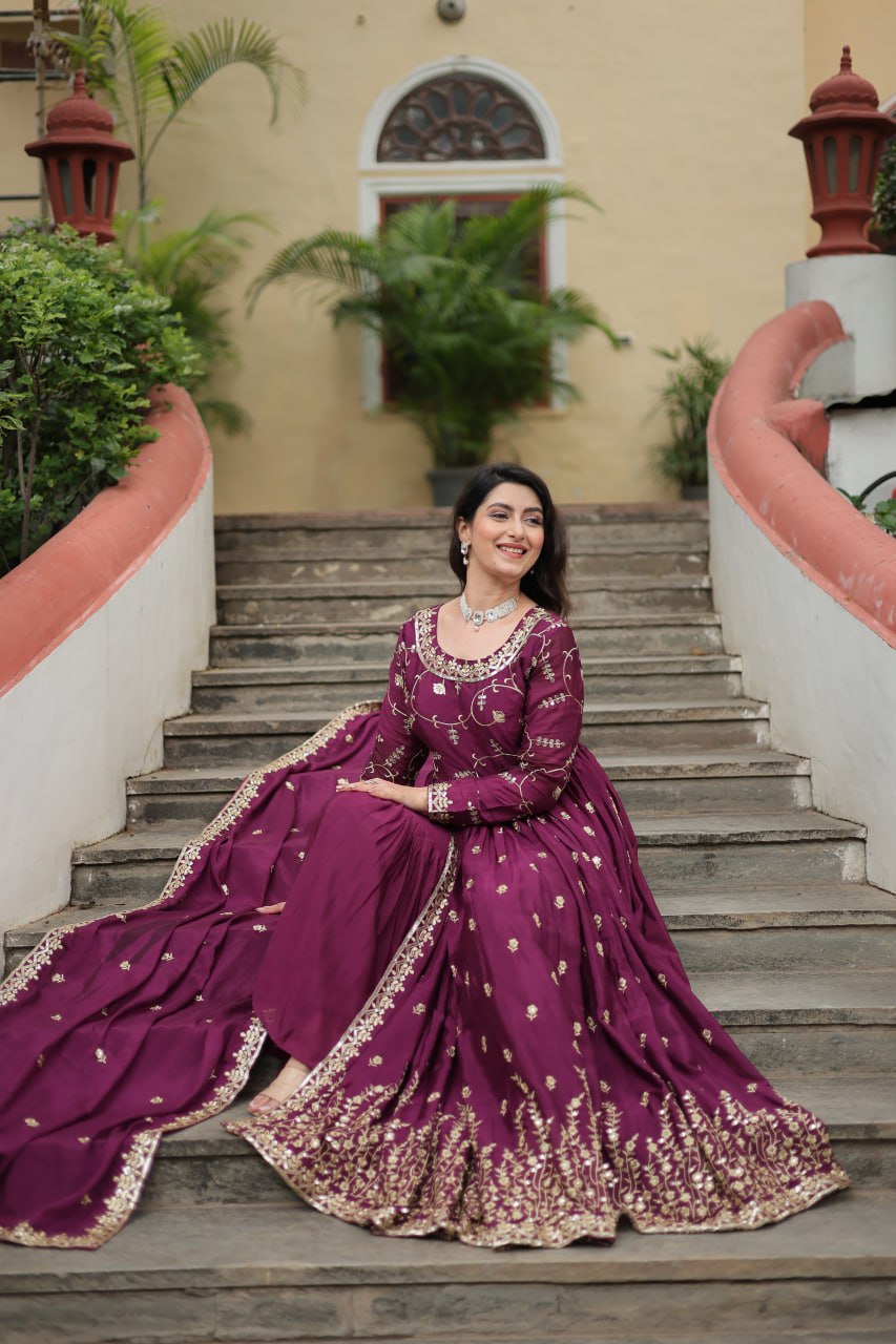 Elegant Chinon Sequins Embroidered Designer Top Sharara Suit - INDIAN ELEGANCE