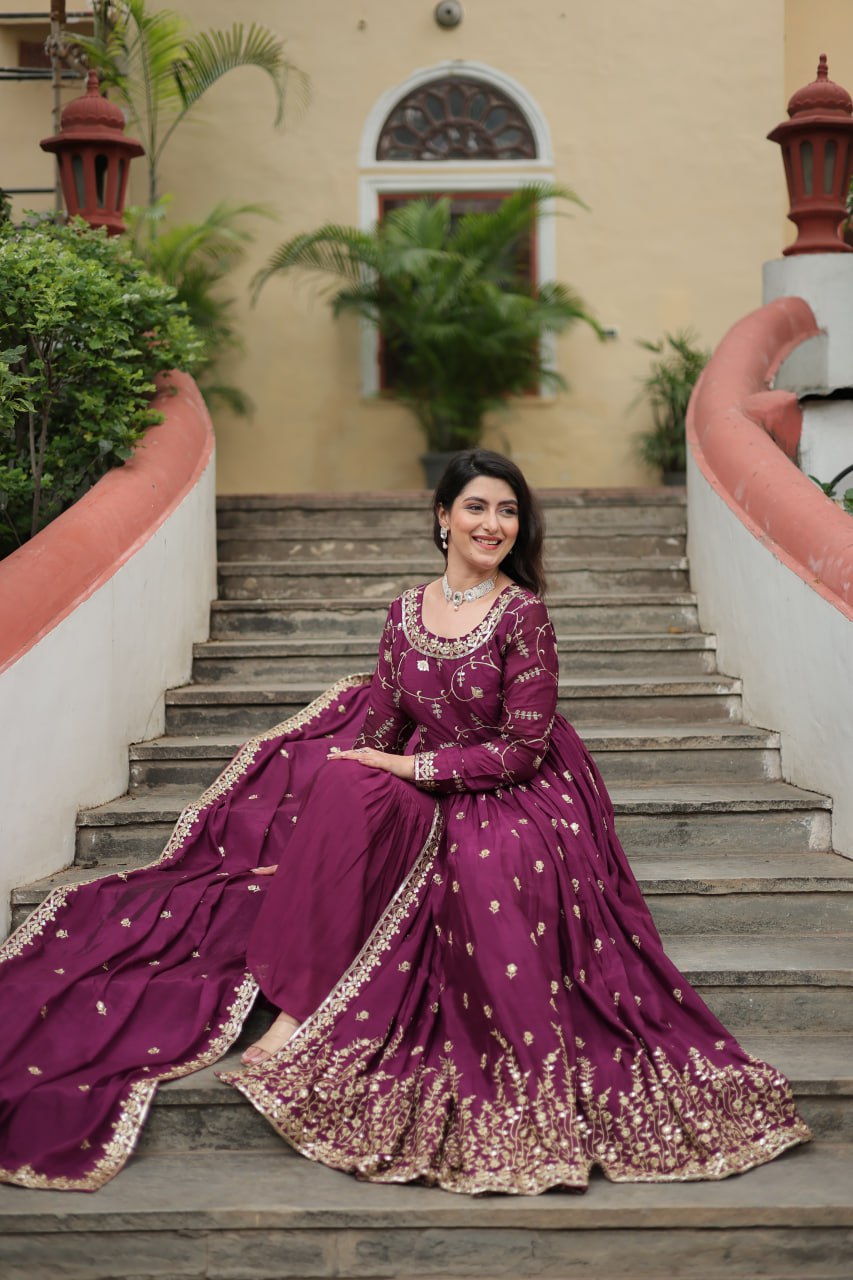 Elegant Chinon Sequins Embroidered Designer Top Sharara Suit - INDIAN ELEGANCE