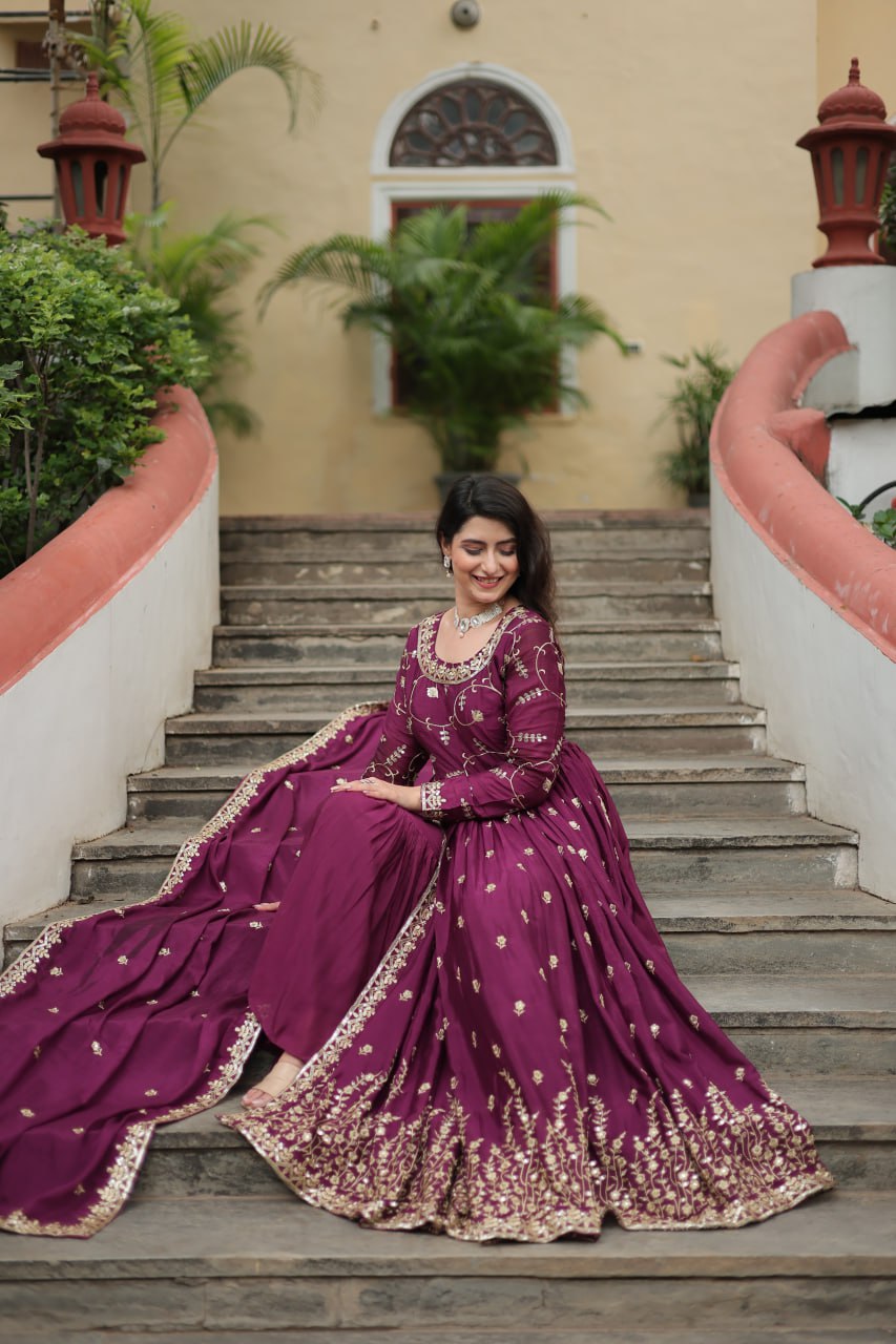 Elegant Chinon Sequins Embroidered Designer Top Sharara Suit - INDIAN ELEGANCE